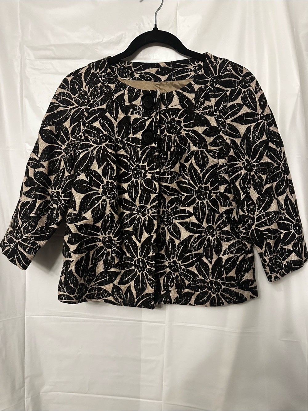 Michael Kors women's black and beige floral print linen blend blazer jacket, XSP